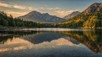 Fototapeta premium A serene landscape with a lake reflecting the setting sun and surrounding mountains, sunset, beautiful nature, travel, poster, postcard, wallpaper