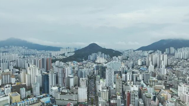 Drone View of Busan city in South Korea, Yeonsan Station, Summer, 60fps