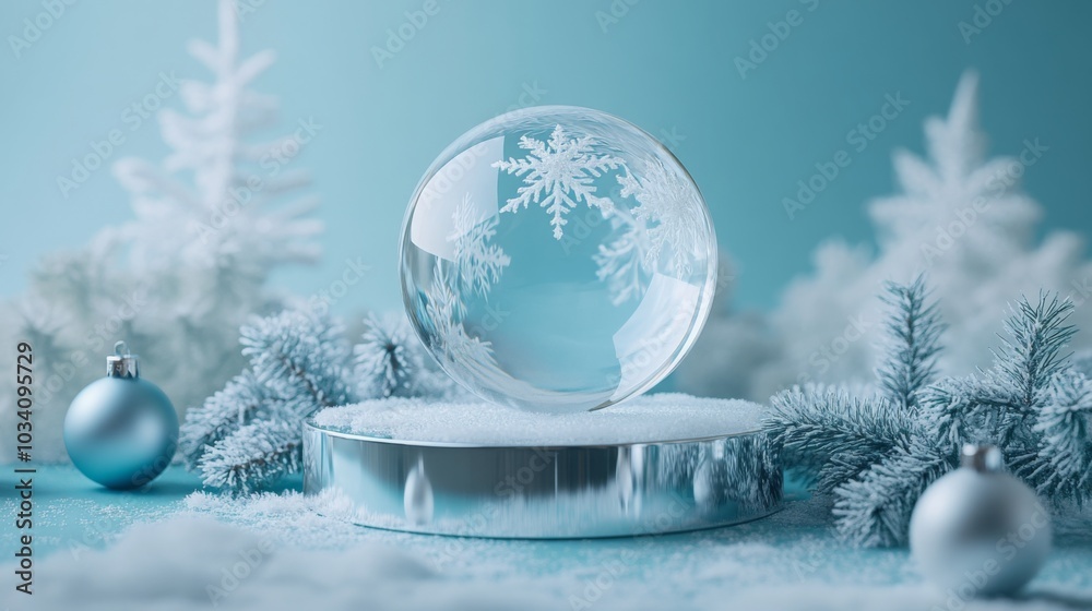 Poster A glass globe with a snowflake design sits on a round, silver base. It is surrounded by white frosted pine branches and ornaments.