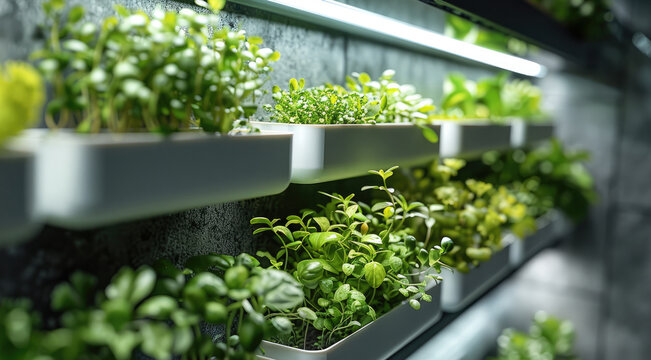 Wall-Mounted Nutrient Film Technique System. PVC Channels with Baby Spinach.