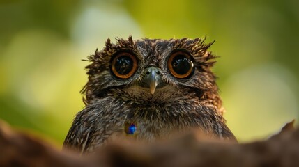 Close up of a curious owl in a lush forest