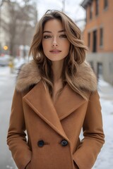 Fototapeta premium Luxury winter coat with faux fur collar and tailored shape