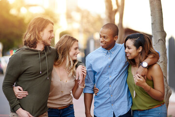 Couple of friends, smile or travel in city with hug, journey or relationship development. People, love or walking in town with funny storytelling, double date or share comic past memories for bonding