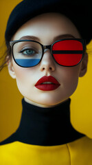 Close-up Portrait of a Woman Wearing Black Glasses with Red and Blue Lenses and a Black Beret Against a Yellow Background