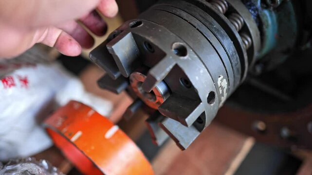 A close-up 4K video captures the hand of a mechanical engineer inspecting the rotor and shaft of a motor, skillfully turning it by hand to assess its functionality and condition.