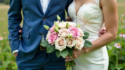A bride and groom holding a bouquet of pink and white roses