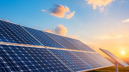 Solar panels on a sunny day generating renewable energy. Clean power solution with blue skies and clouds in the background.