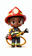 3D Stylized Character of an African boy as a Firefighter. an African boy as a firefighter. wearing a firefighter uniform while holding a fire hose