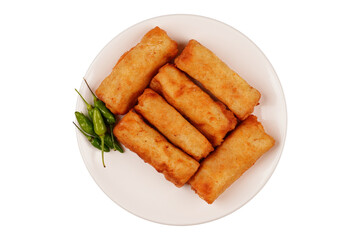 Lumpia and chilli on a white plate isolated transparent