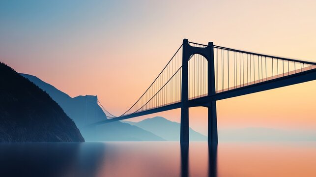 Sunset view of a majestic suspension bridge spanning over calm waters with mountains in the background, creating a serene and picturesque scene.