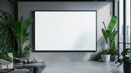 A large blank canvas hangs on a concrete wall in a modern living room with a white sofa, coffee table, and plants.