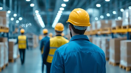 Workers in hard hats and safety vests walking through a well-organized warehouse. Shelves stocked with boxes and goods. Industrial setting.