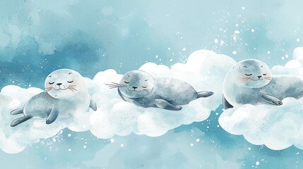 Obraz premium Adorable Seals Napping on Soft Clouds in a Serene Landscape