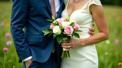 A bride and groom holding a bouquet of flowers, standing in a field