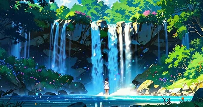 Animation ancient waterfalls trees, dappled sunlight filtering through the leaves comic, cartoon, a gentle stream flowing through the scene, a blue sky with fluffy clouds, and a single majestic tree.