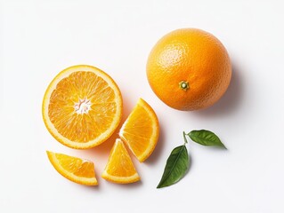 Fototapeta premium Close up of Fresh Ripe Orange Fruit Cut into Wedges with Green Leaves on Bright White Background