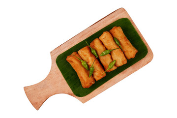 Lumpia and chilli on a wooden board isolated transparent