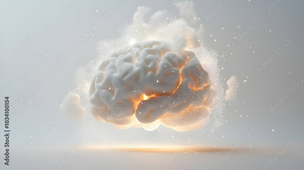 Canvas Prints 3D Levitating Brain Concept with Light Beams - Close Up of White Brain Hovering in Space with Illuminating Light Beams, Isolated on White Background