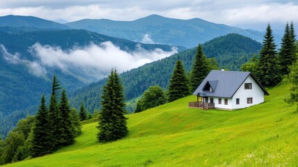 A serene house sits on a lush green hillside with mountains in the background Created with Generative AI.