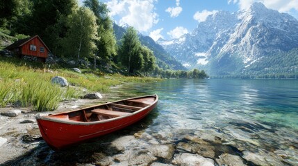 Scenic mountain lake view with red canoe and cabin surrounded by lush greenery 