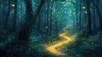 Fototapeta premium The illuminated path through the forest guided them safely home.