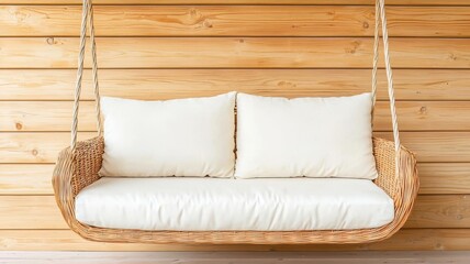 Rattan porch swing with soft cushions, creating a relaxing outdoor seating area, rattan  furniture, rattan porch swing