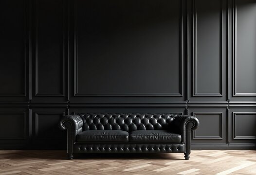 Black leather tufted sofa near dark paneling wall. Interior design of modern living room