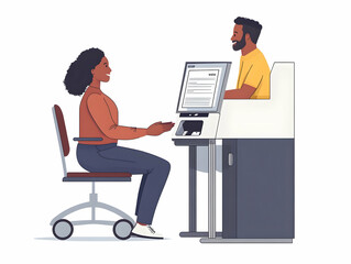 Flat Voter Accessibility Support: Election Volunteer Aides Voter with Disability - Medium Shot Illustrating Patience, Determination & Accessible Voting Equipment on White Background