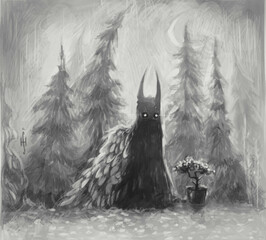 A captivating digital painting of a demon next to a small tree, blending dark fantasy and nature themes. Ideal for fantasy, surreal, and concept art projects.