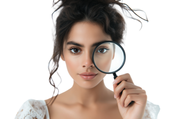 asian woman searching for something, woman hand hold zoom magnifier glass.