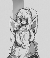 A black and white digital illustration of a girl with butterfly wings, blending fantasy and anime styles. Ideal for graphic, fantasy, and surreal projects with a unique flair.