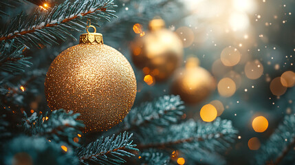 festive christmas tree decoration with gold ornament and bokeh lights