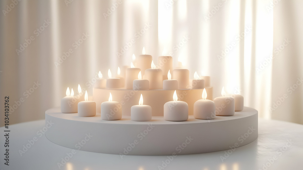 Canvas Prints 3D Candle Flame Outline Podium Concept - Wide Shot of Simple White Candle Flame Outlines on Podium, Symbolizing Hope and Clarity for Janeiro Branco with Mindfulness Practice Space