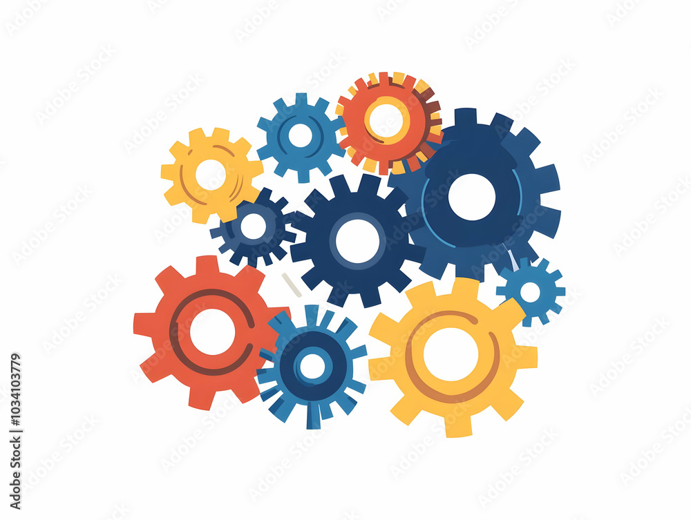 Poster Flat Gears Vector Illustration with Political Party Symbols - Interlocking Gears in Motion Representing Political Process on White Background