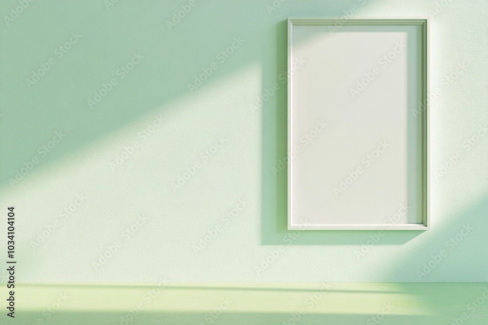 Aufkleber Minimalist Light Green Wall with Empty Display Frame in Soft Matte Texture - Retail Environment Mockup with Subtle Shadows