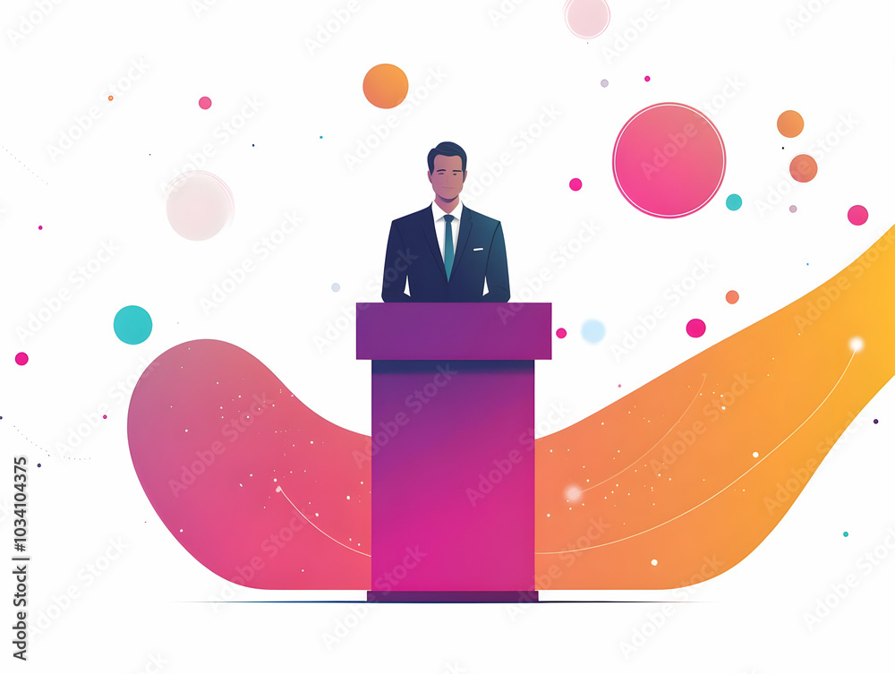 Canvas Prints Flat Plain Backdrop with Holographic Politician Concept - Wide Shot of Shimmering Figure Giving Speech with Camera Circling, Ideal for Future-Focused Political Messaging in Simple Vector Illustration