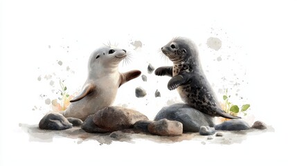 Fototapeta premium Two Adorable Seals Playing in a Japanese Zen Garden Surrounded by Rocks and Nature