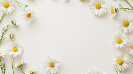 Obraz premium Circular frame created from daisy chains, flat lay, neutral background, minimalistic and organic floral composition, soft shadows