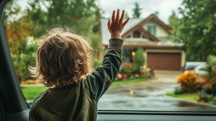 Child waves goodbye from car window on rainy day.