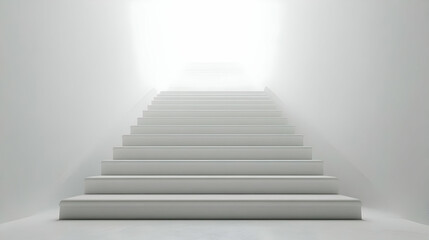 3D Ascending White Staircase Concept - Wide Shot of White Stairs Symbolizing Personal Growth and Progress Isolated on White Background