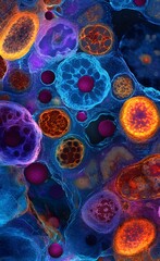 A colorful, detailed view of a microscope scan showing various cells and marker spheres in the human body.