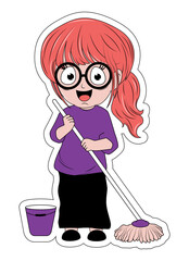 Cute Girl Cartoon With Mop