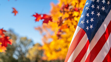 American Flag with Fall Foliage Background Patriotic Autumn Scene