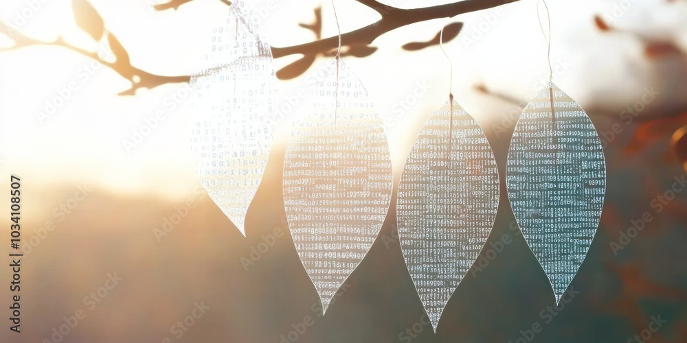 Poster Minimalist Transparent Leaves with Binary Code Hanging from Branches at Sunrise