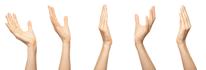 Five open hands are shown, raised up against a white background. Each hand is in a slightly different position, demonstrating different gestures