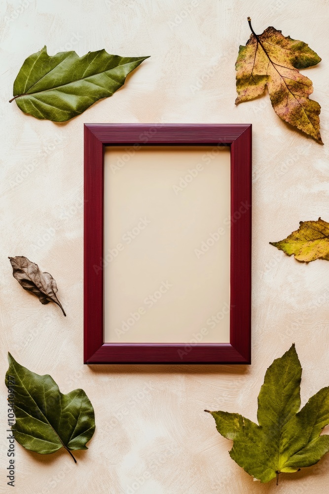 Aufkleber nature-themed mockup with red frame and green leaves on light cream wooden surface - calm and contem