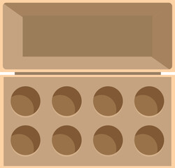 Open rectangular wooden crate with eight circular compartments is isolated on white