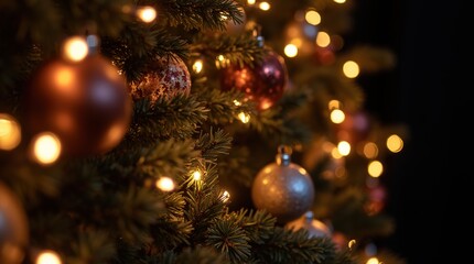 Close-up of Christmas tree with glowing lights and ornaments
