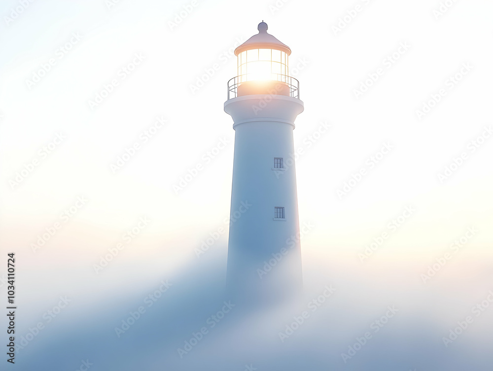 Canvas Prints Flat Holographic White Lighthouse Beam Cutting Through Fog - Medium Shot Illustration Emphasizing Clarity and Guidance for Smart Business Messaging, Simple Vector Design with Copy Space