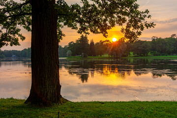 Grand pond of Catherine park at sunset, Pushkin (Tsarskoe Selo), Saint Petersburg, Russia